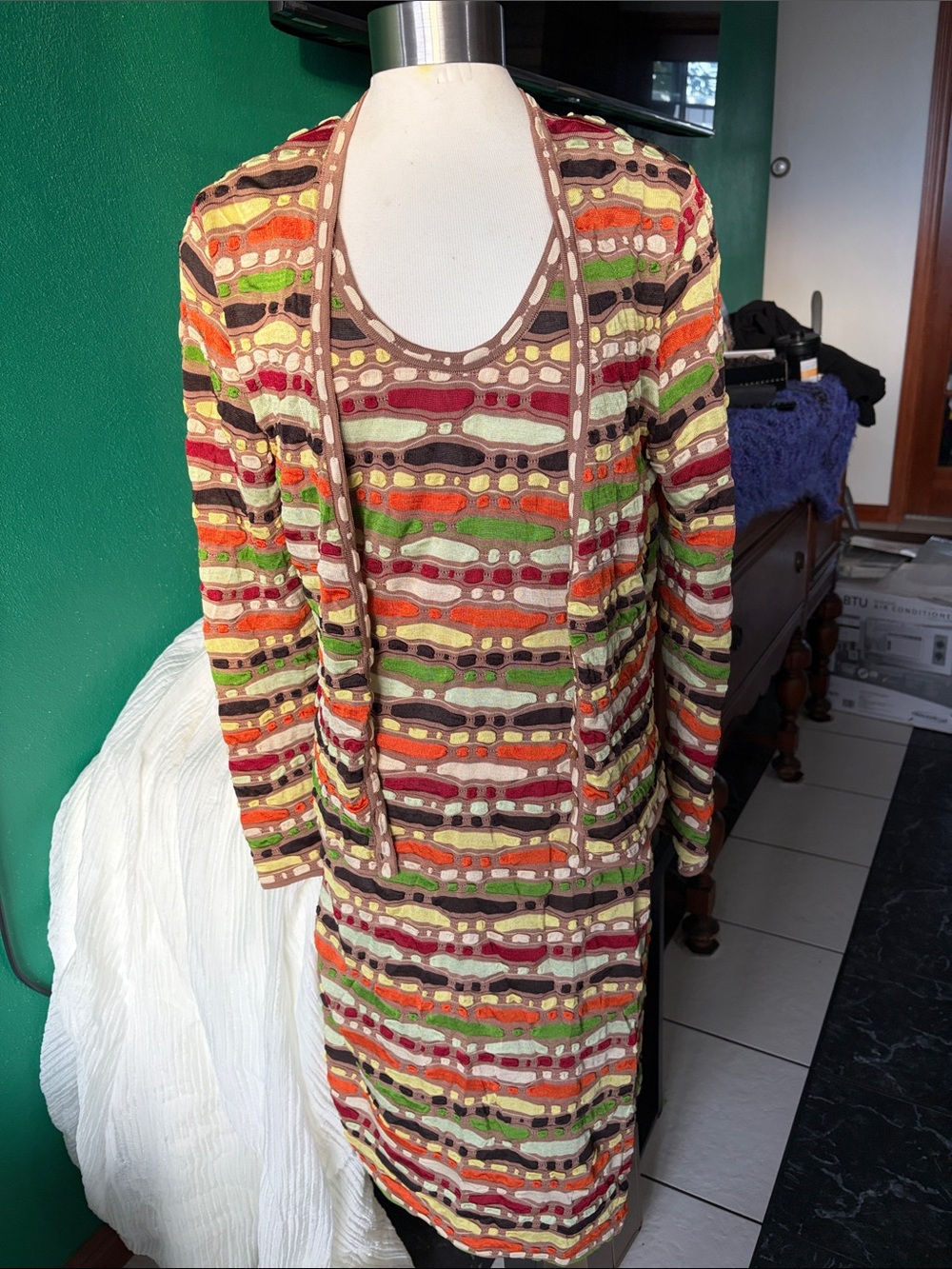 Vintage Missoni Colorful Knit midi dress with jacket, no tags, 20” PTP, 43” L